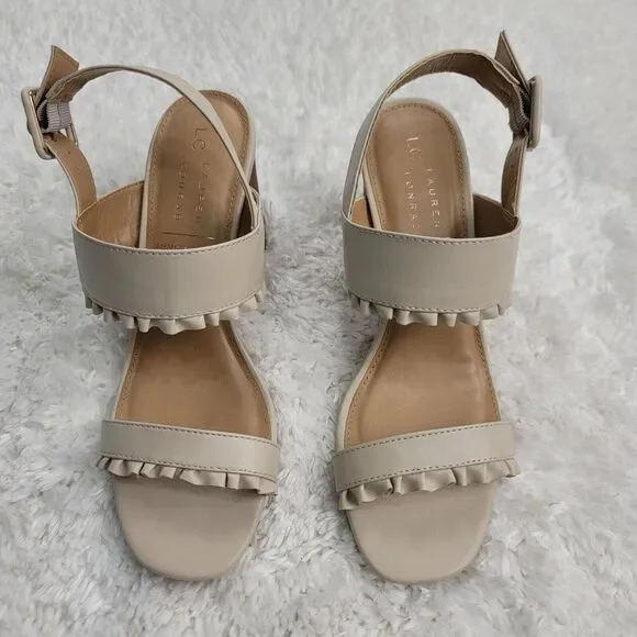 LC Lauren Conrad Etta Slingback Sandals Womens Size 8 Cream Two Band Ruffle Trim - Picture 2 of 10